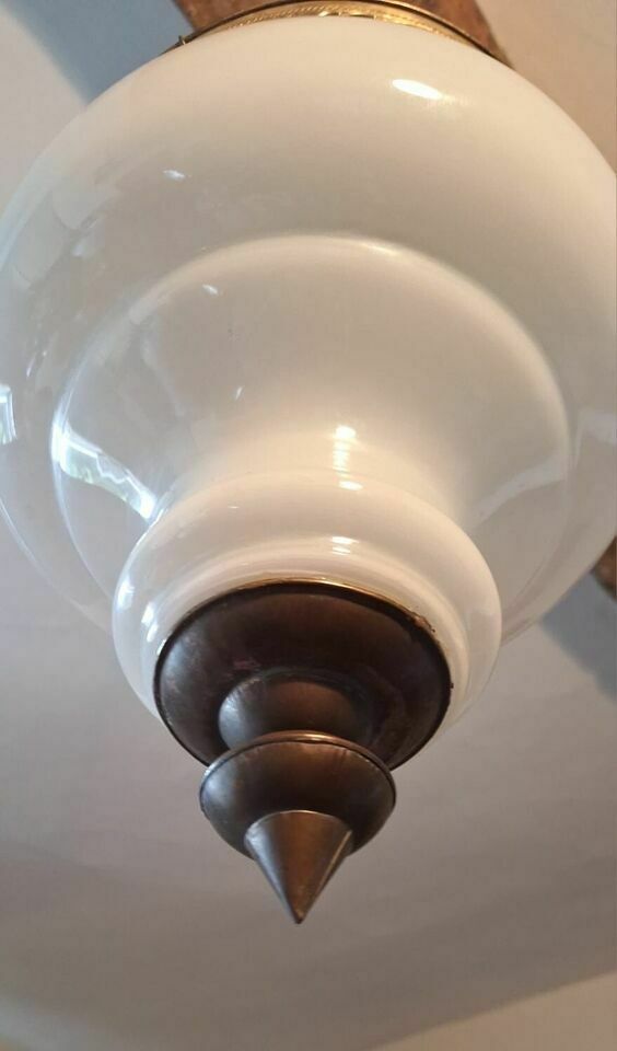Antique Asian Colonial White Glass & Brass Candle Lantern Cloche Pendant Shade photo vinterior