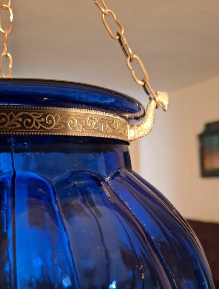 Antique Indian Hanging Belgium Colonial Glass Hundi Lantern  Shade photo furniture