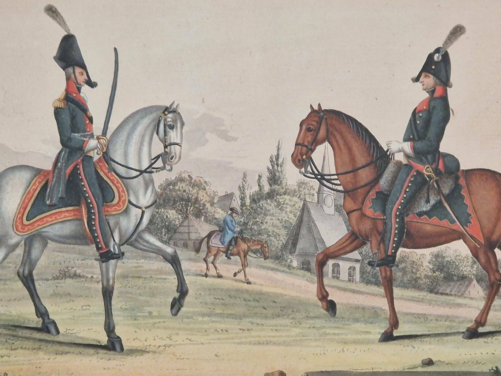 Antique Military Equestrian Gouache Painting, Soldiers In Uniform And Horse Art photo 332.0