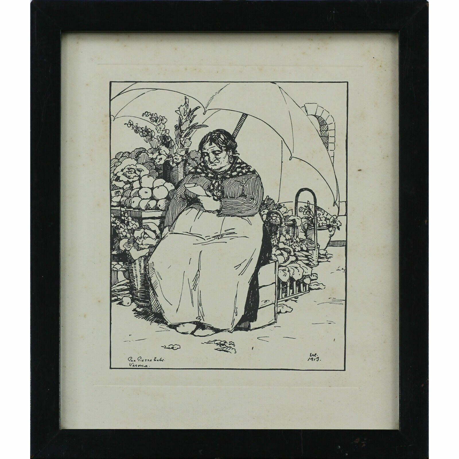 Woodcut Engraving By Ebba Holm. Piazza Erbe Verona
