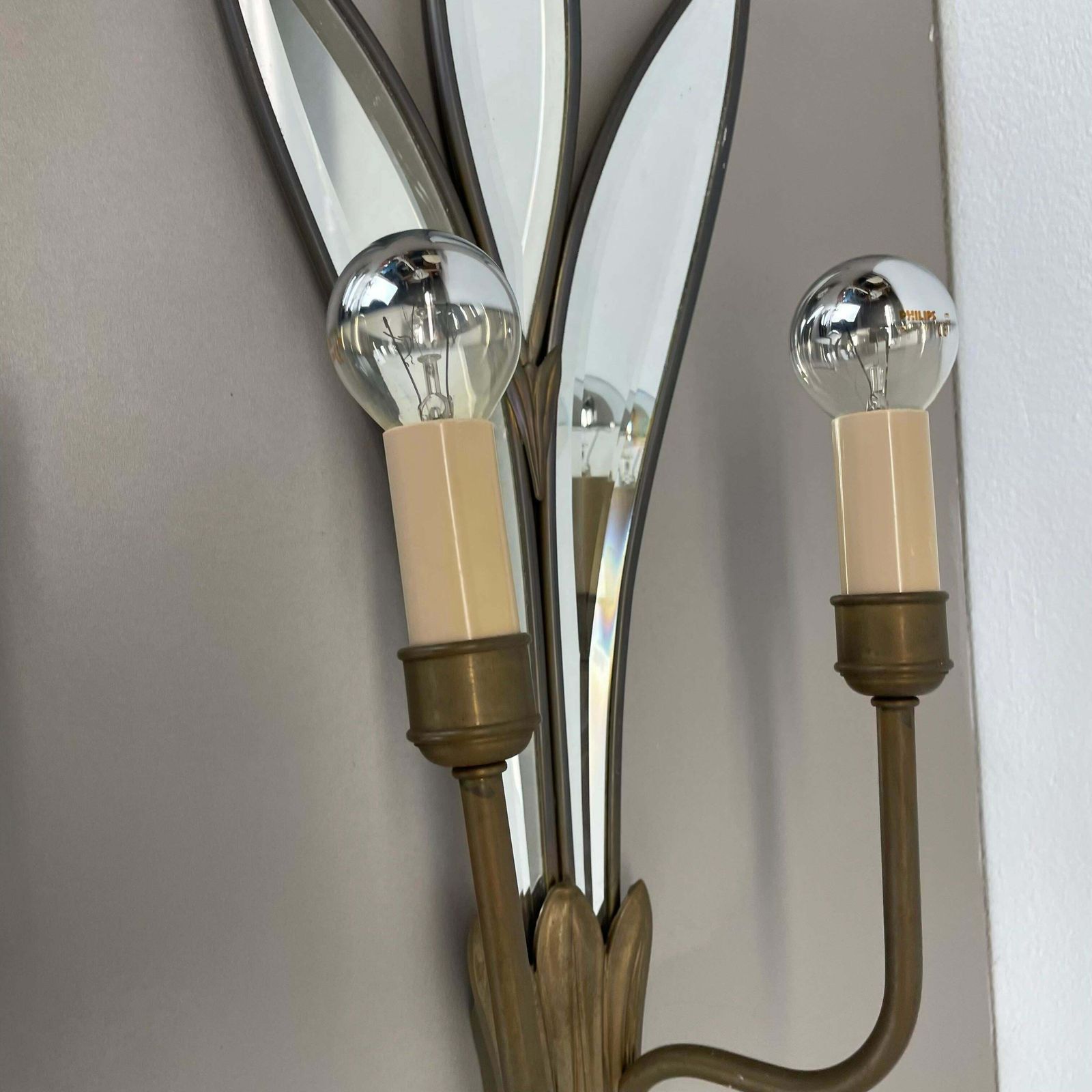 photo for sale Set Of Two Xxl 56cm Floral Mirror And Bronze Theatre Wall Light, France 1970 No2