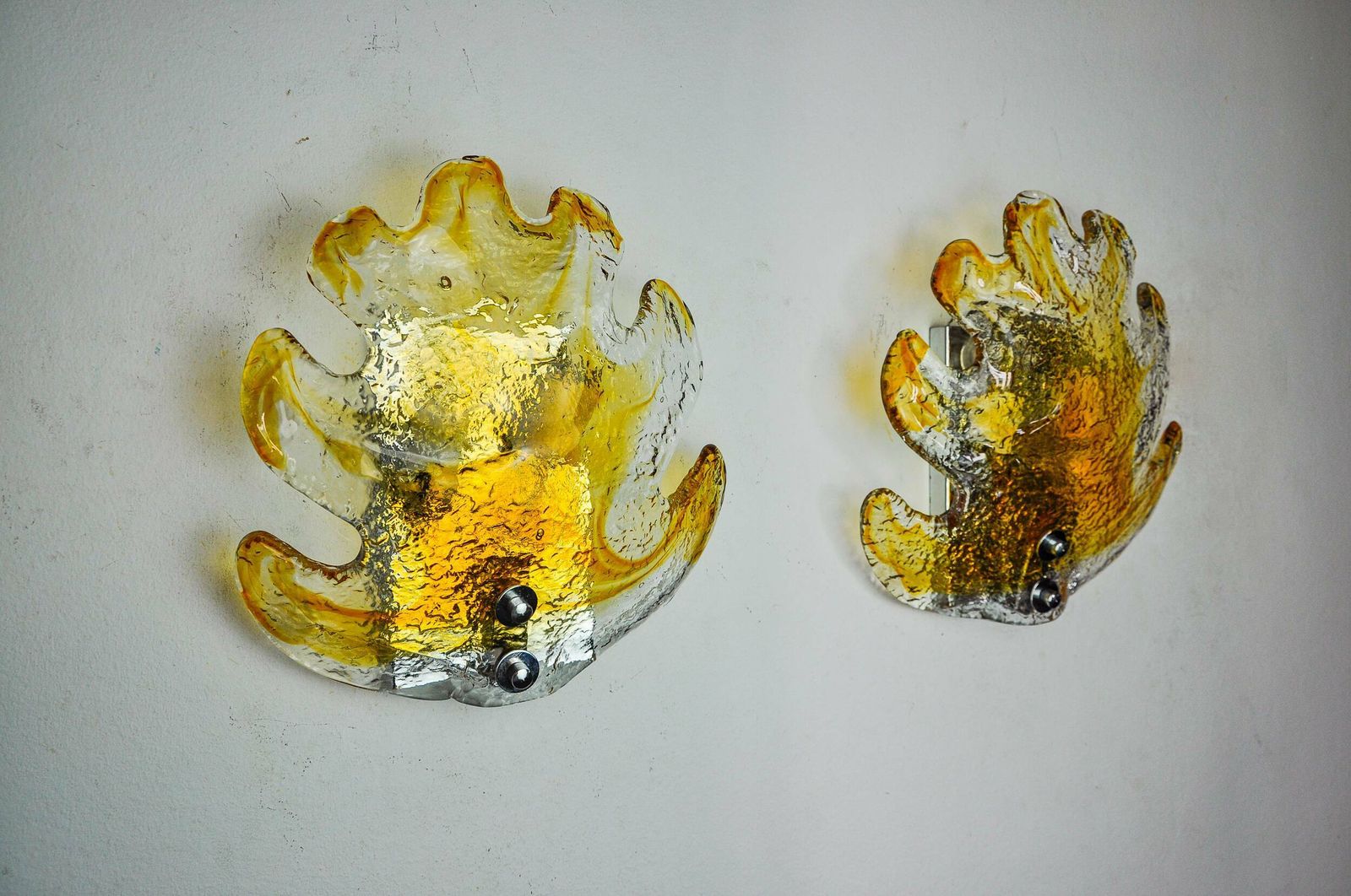 Pair Of "Leaf" Wall Lights By Murano Mazzega In Orange Frosted Glass Italy 1970 photo Lighting