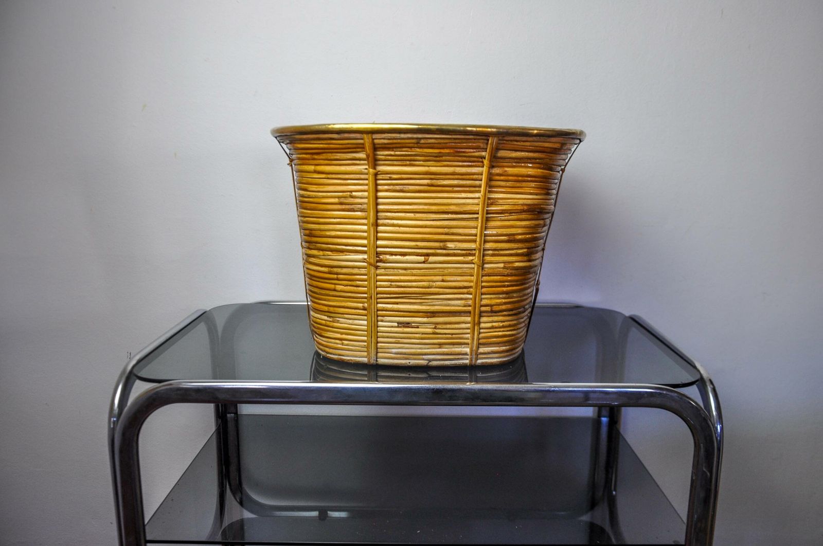 Xl Basket In Rattan And Brass, Italy, 1970, 44cm Diam photo 1056.0