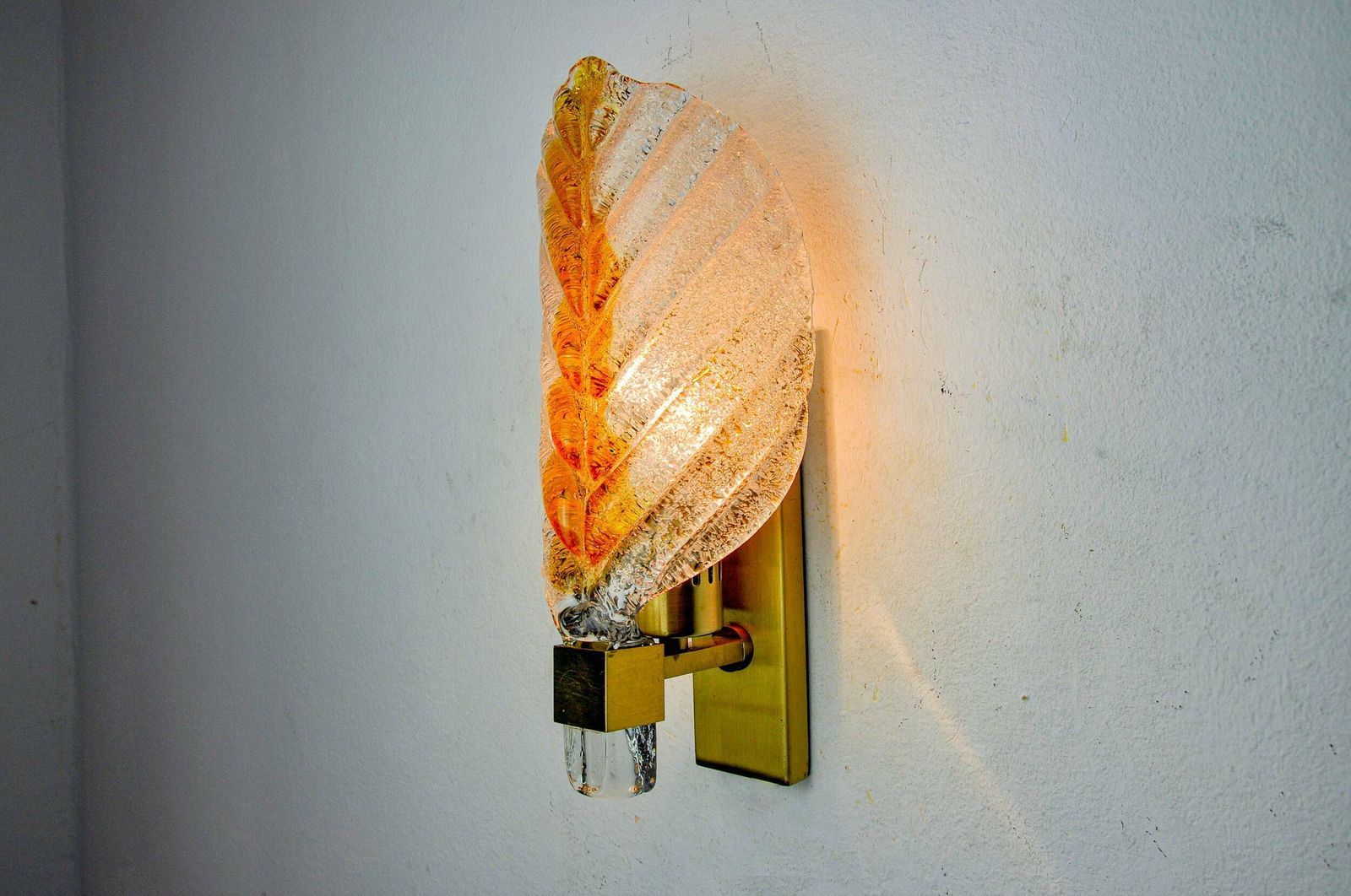 Recessed "Leaf" Wall Light By Mazzega, Orange Frosted Murano Glass, Italy, 1970 photo for sale