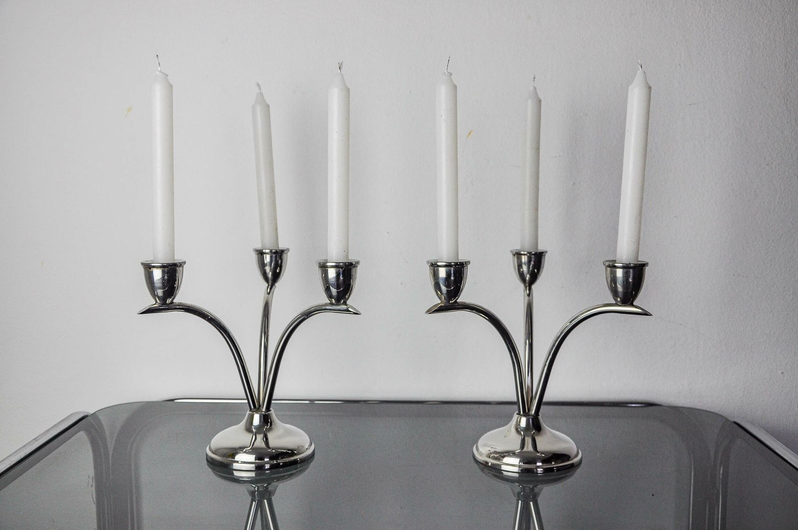 Pair Of Art Deco Stainless Steel 3 Flame Candle Holders, Spain, 1970 photo furniture