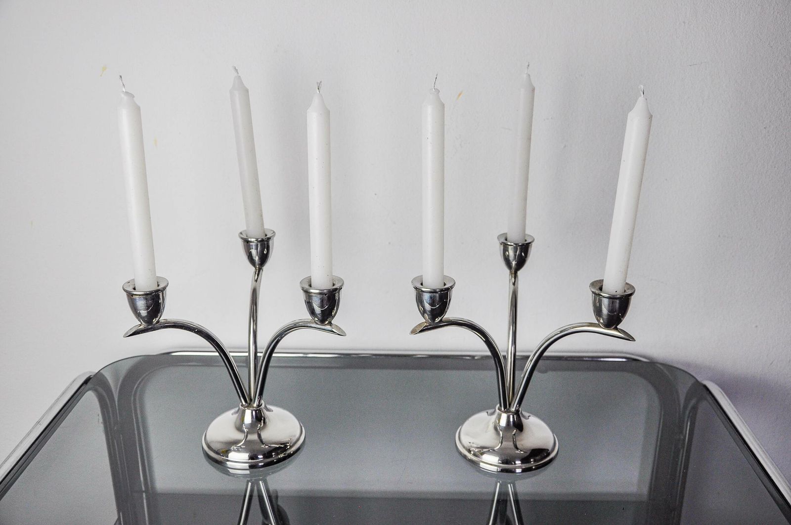 Pair Of Art Deco Stainless Steel 3 Flame Candle Holders, Spain, 1970 photo Home Decor