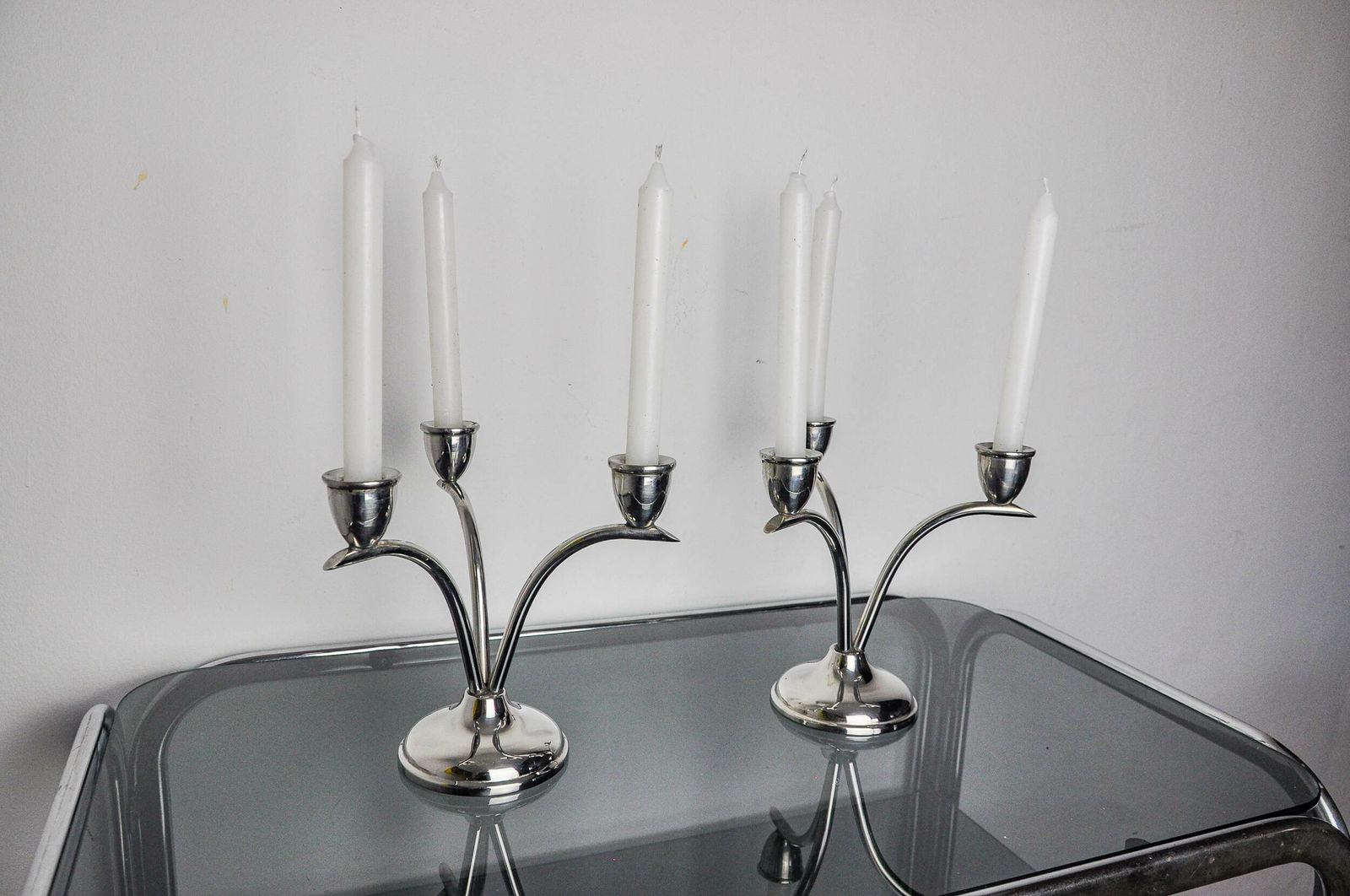 Pair Of Art Deco Stainless Steel 3 Flame Candle Holders, Spain, 1970 photo 946.0