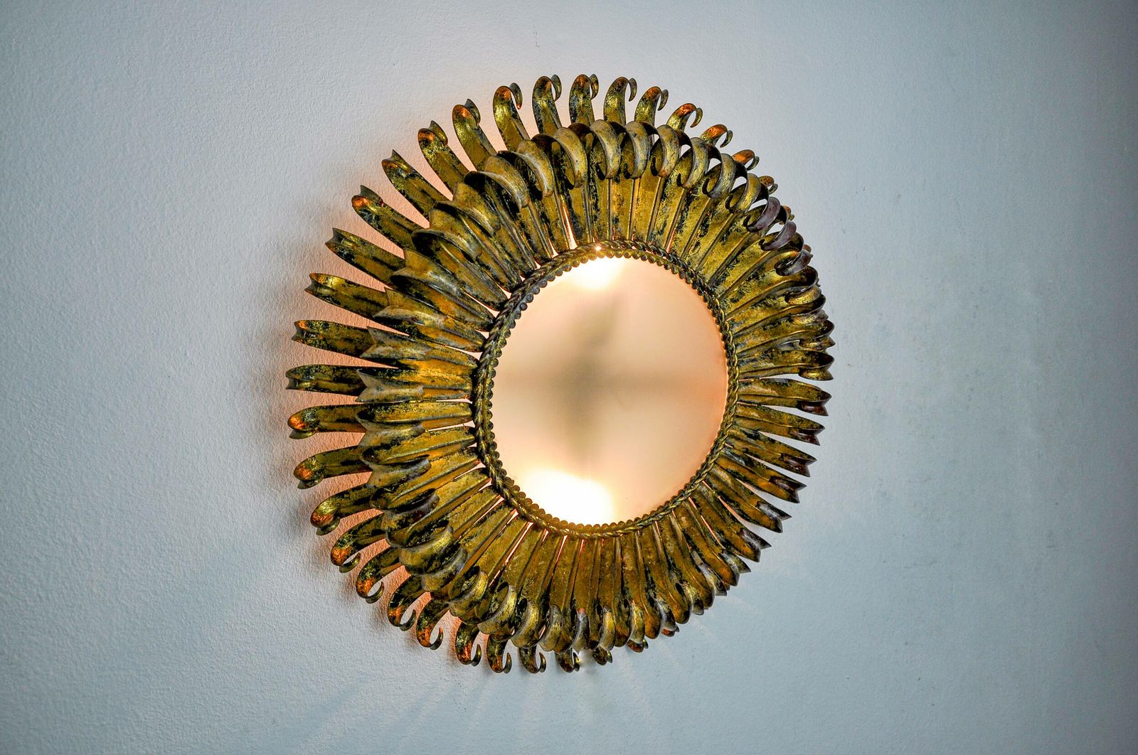 Sun Wall Lamp By Ferro Arte, Metal And Gold Leaf, Spain, 1960 photo vinterior