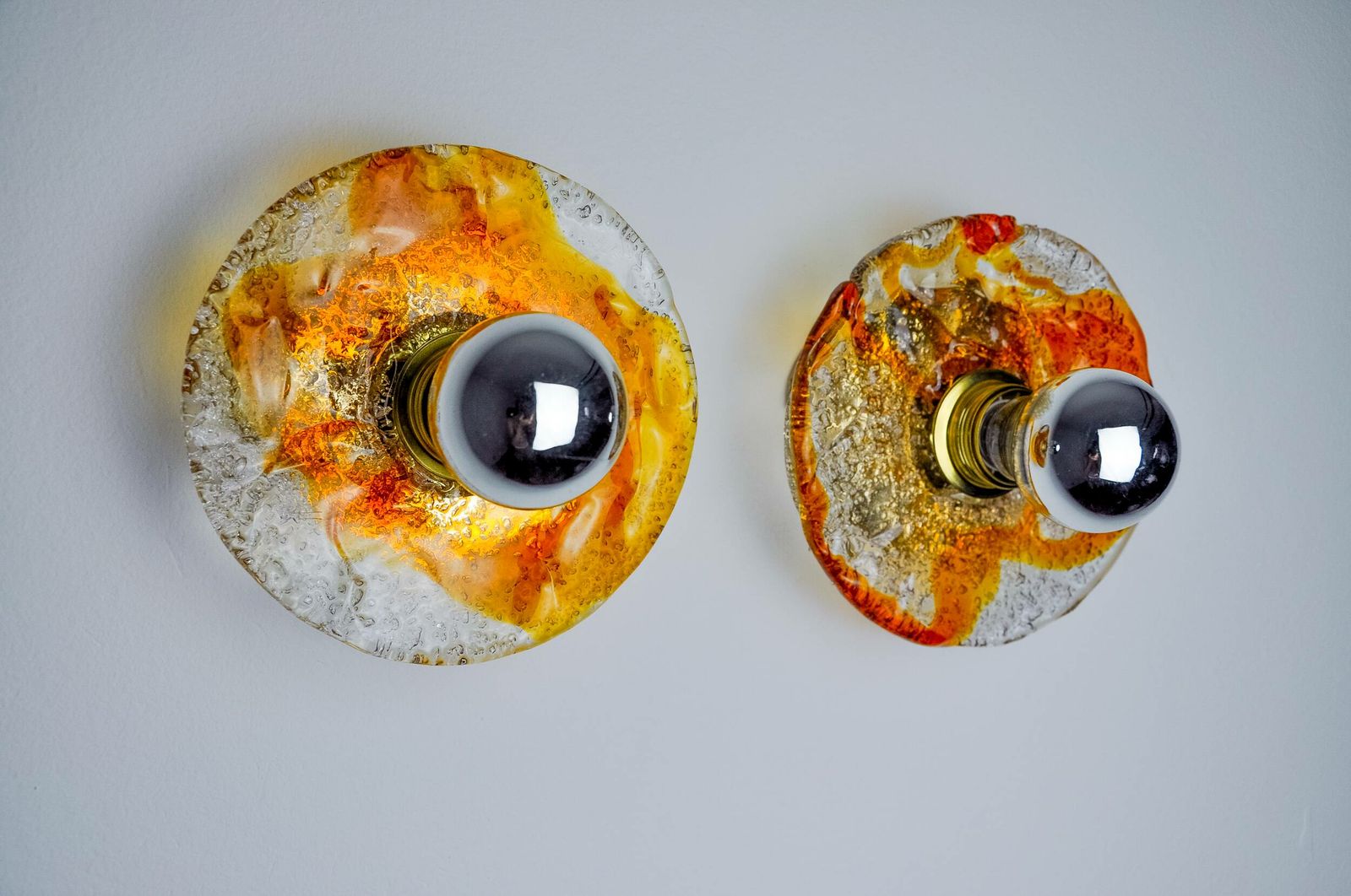 Pair Of Round Wall Lights By Murano Mazzega In Orange Frosted Glass, Italy, 1970 photo for sale