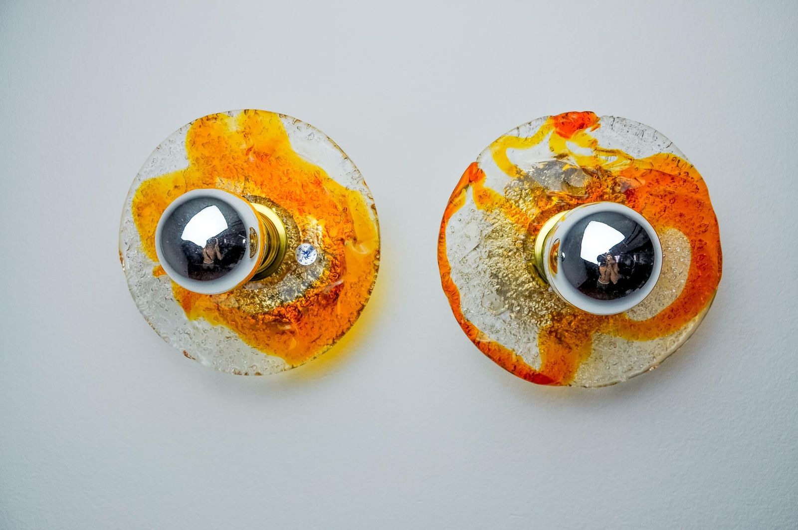 Pair Of Round Wall Lights By Murano Mazzega In Orange Frosted Glass, Italy, 1970 photo Lighting