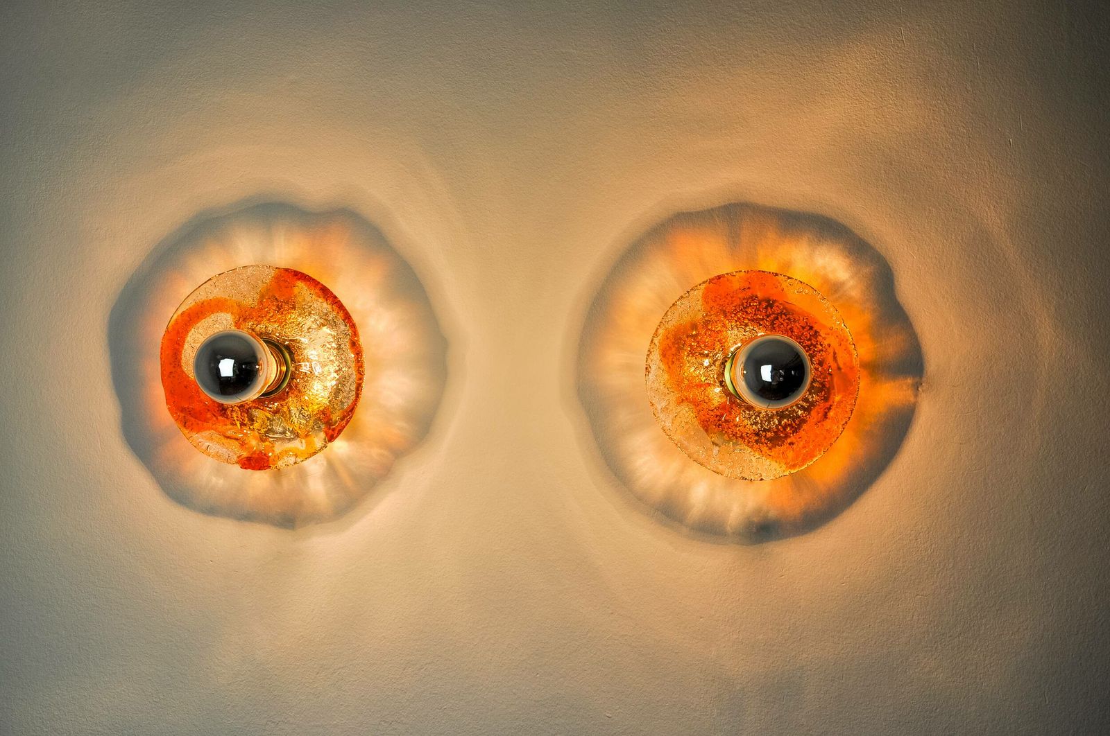 Pair Of Round Wall Lights By Murano Mazzega In Orange Frosted Glass, Italy, 1970 photo vinterior