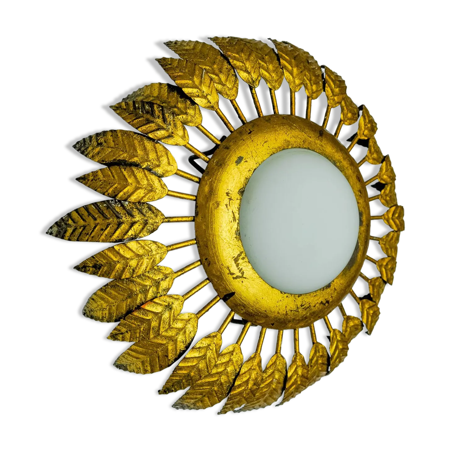Sun Wall Lamp By Ferro Arte In Metal, Gold Leaf And Opaline Glass, Spain, 1960