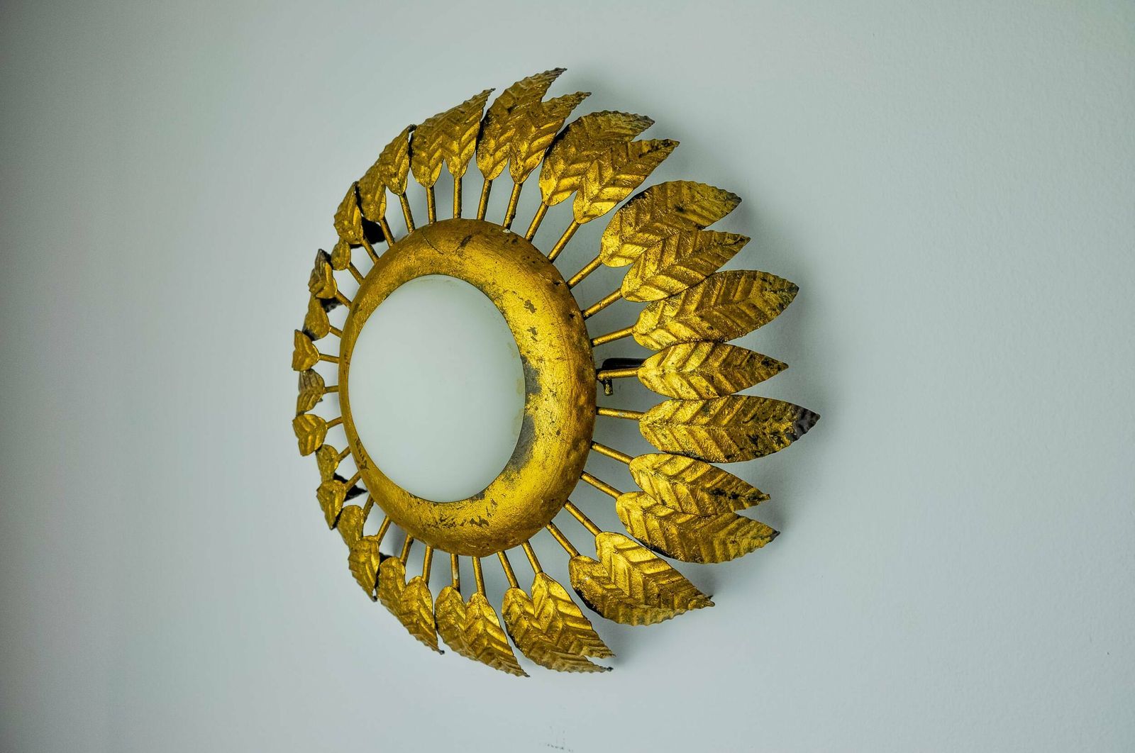 Sun Wall Lamp By Ferro Arte In Metal, Gold Leaf And Opaline Glass, Spain, 1960 photo Lighting