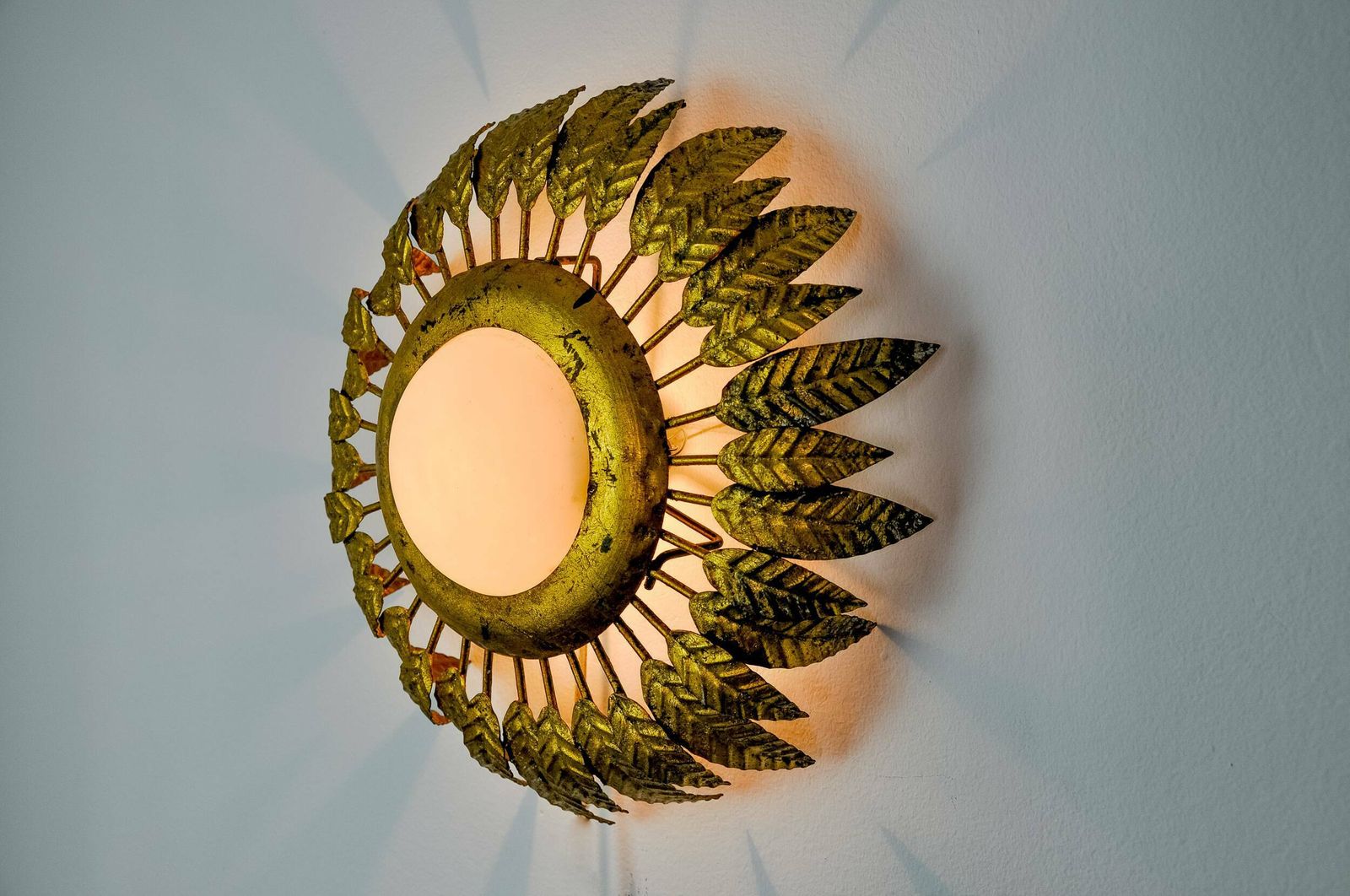 Sun Wall Lamp By Ferro Arte In Metal, Gold Leaf And Opaline Glass, Spain, 1960 photo 1225.0