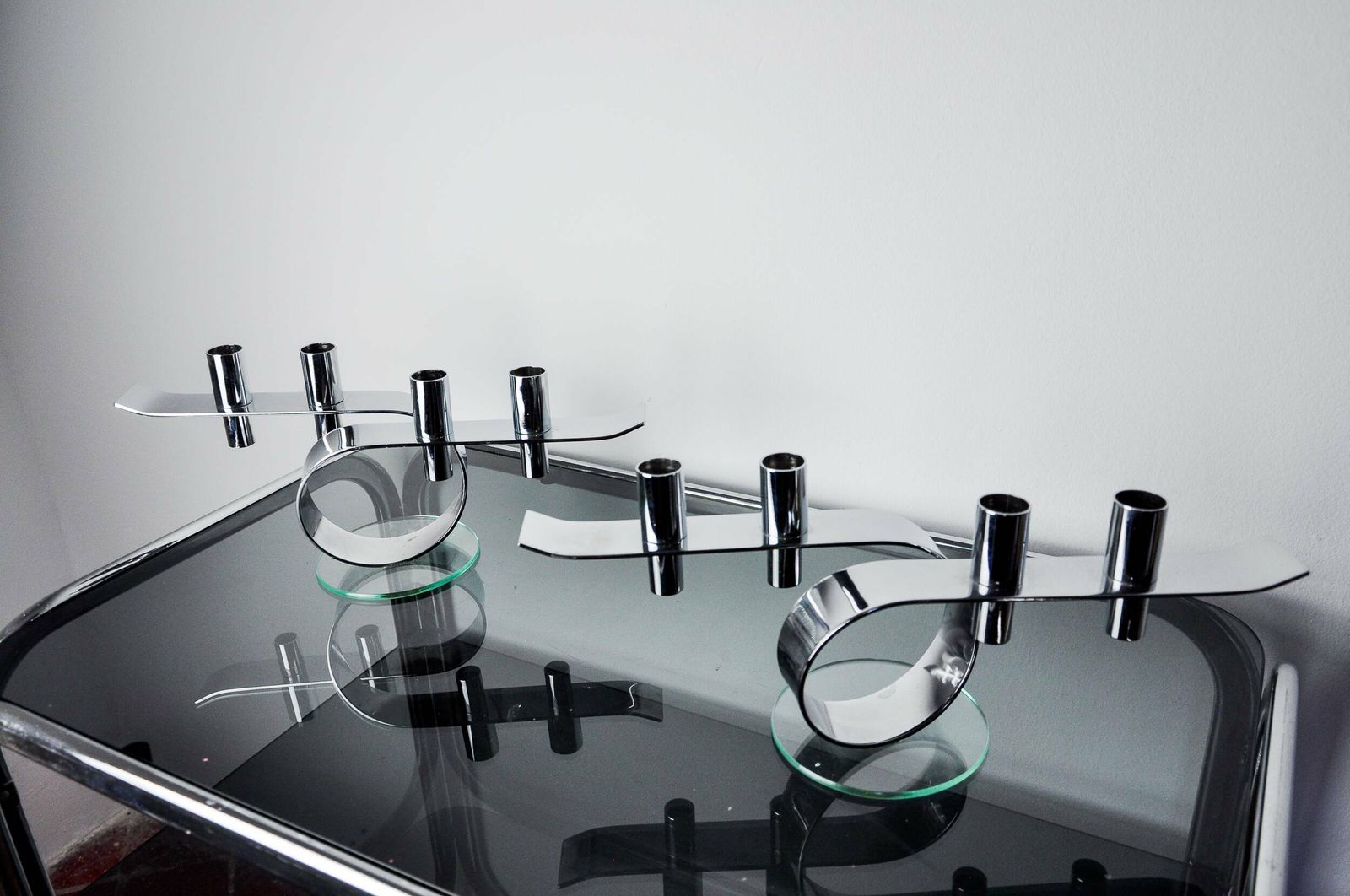 Pair Of Space Age 4 Flame Candlesticks, Glass And Metal, Germany, 1980 photo Home Decor