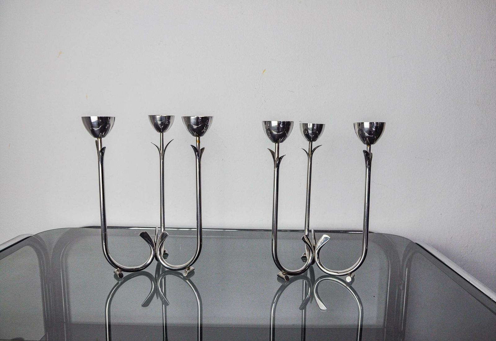 Pair Of Art Deco Stainless Steel 3 Flame Candlesticks, Spain, 1970 photo 891.0