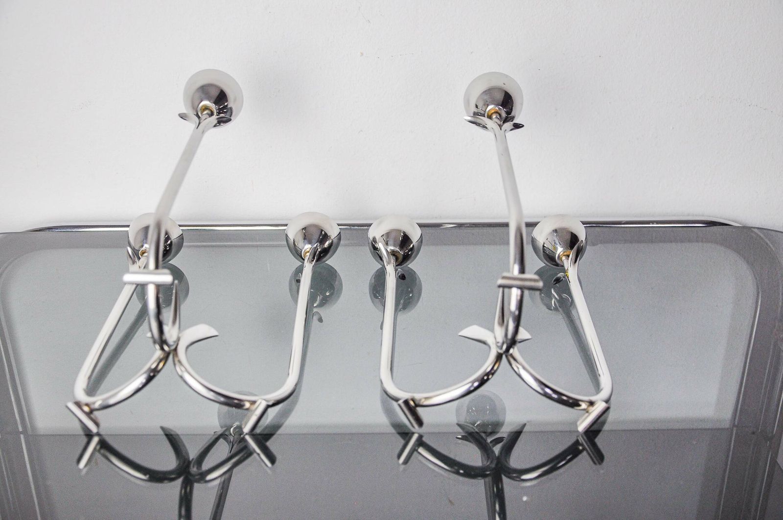 Pair Of Art Deco Stainless Steel 3 Flame Candlesticks, Spain, 1970 photo vintage