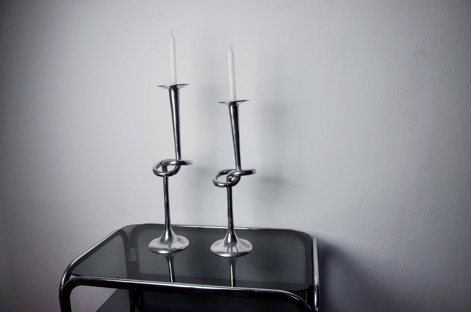 Pair Of Xl Knotted Candlesticks In Aluminum, Italy, 1980 photo furniture