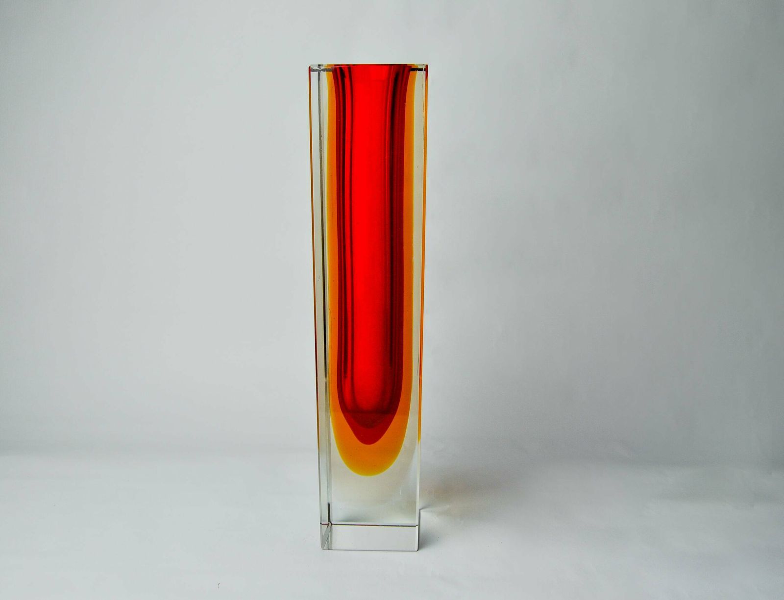 Red And Yellow Cubic Sommerso Vase By Flavio Poli For Seguso, Murano, Italy, 1970 photo for sale