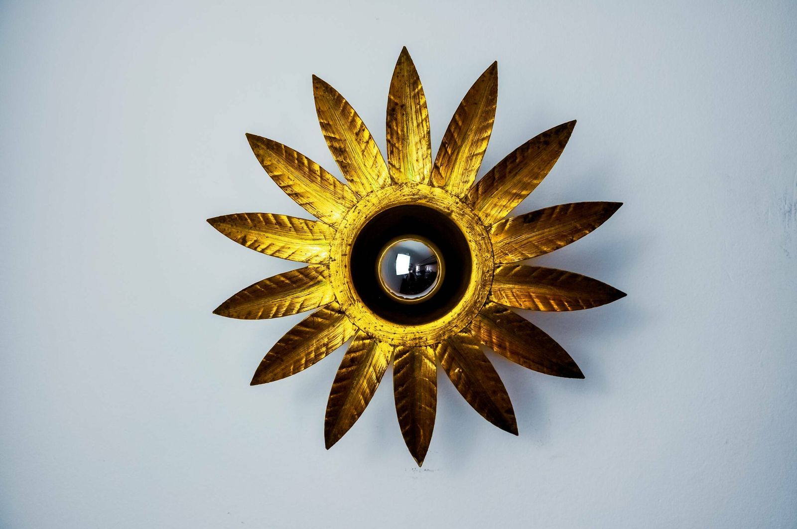 Sun Wall Lamp By Ferro Arte, Metal And Gold Leaf, Spain, 1960 photo for sale