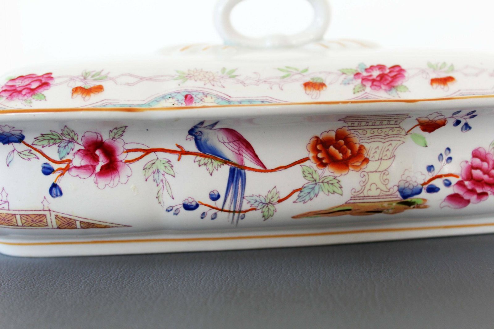 Two Antique Ceramic Soap Dish, Petrus Regout Maastricht, Decor Portici Circa 1860s, Oriental Design, Bird Of Paradise, Bathroom Organiser photo furniture