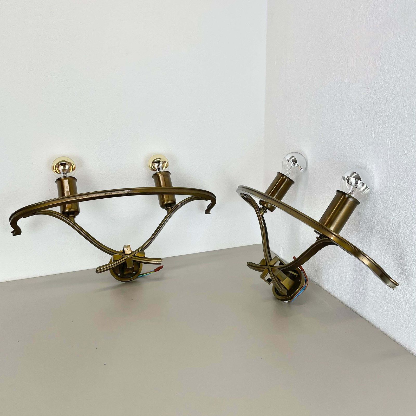 Set Of Two Xxl Modernist Brass Floral Theatre Wall Light Sconces, France, 1950 photo furniture