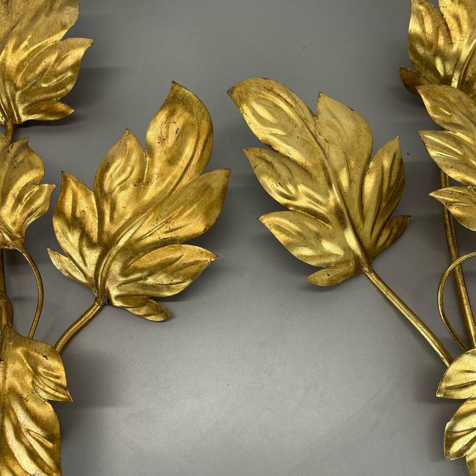 3058.0 Set Of 2 Hans Kögl Style Golden Florentiner Leaf Wall Light Sconces, Italy, 1980 photo