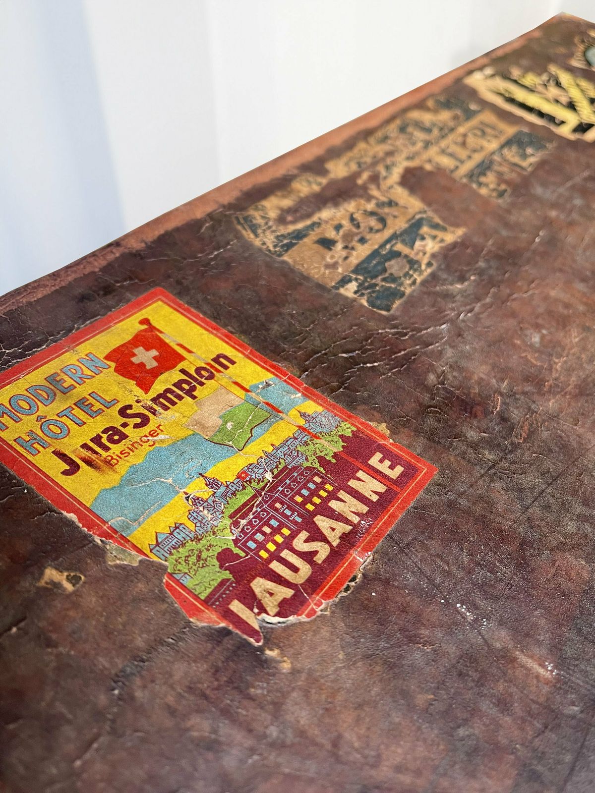 Vintage/Antique Large Heavy Tan Leather Suitcase Stamped Army And Navy London With Stickers Circa 1930 photo Home Decor