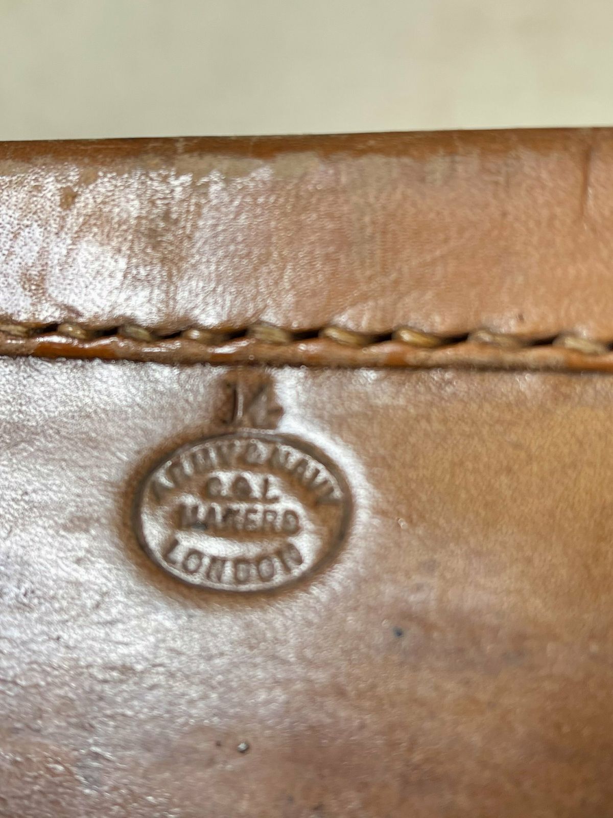 Vintage/Antique Large Heavy Tan Leather Suitcase Stamped Army And Navy London With Stickers Circa 1930 photo buy