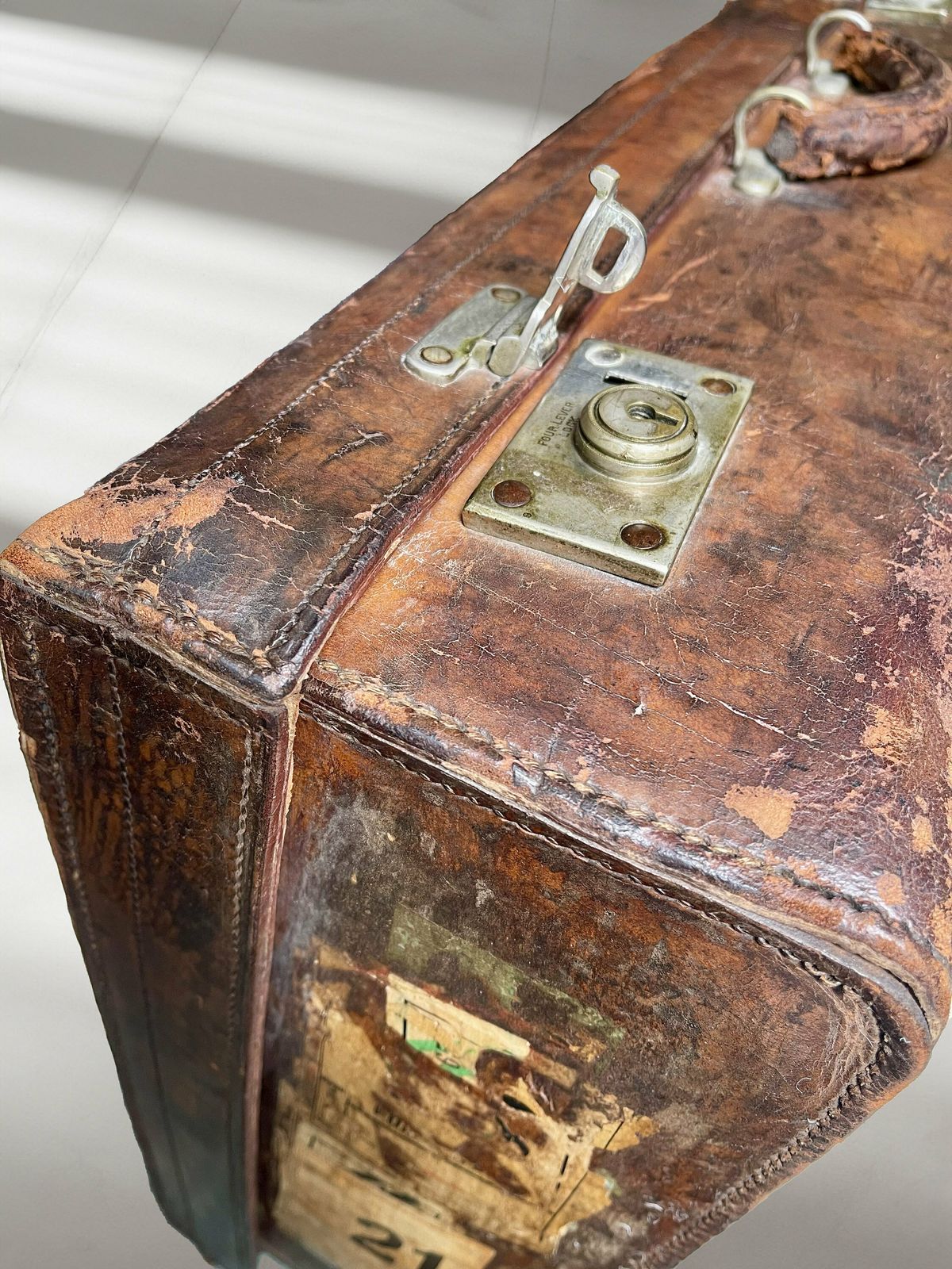 Vintage/Antique Large Heavy Tan Leather Suitcase Stamped Army And Navy London With Stickers Circa 1930 photo vintage