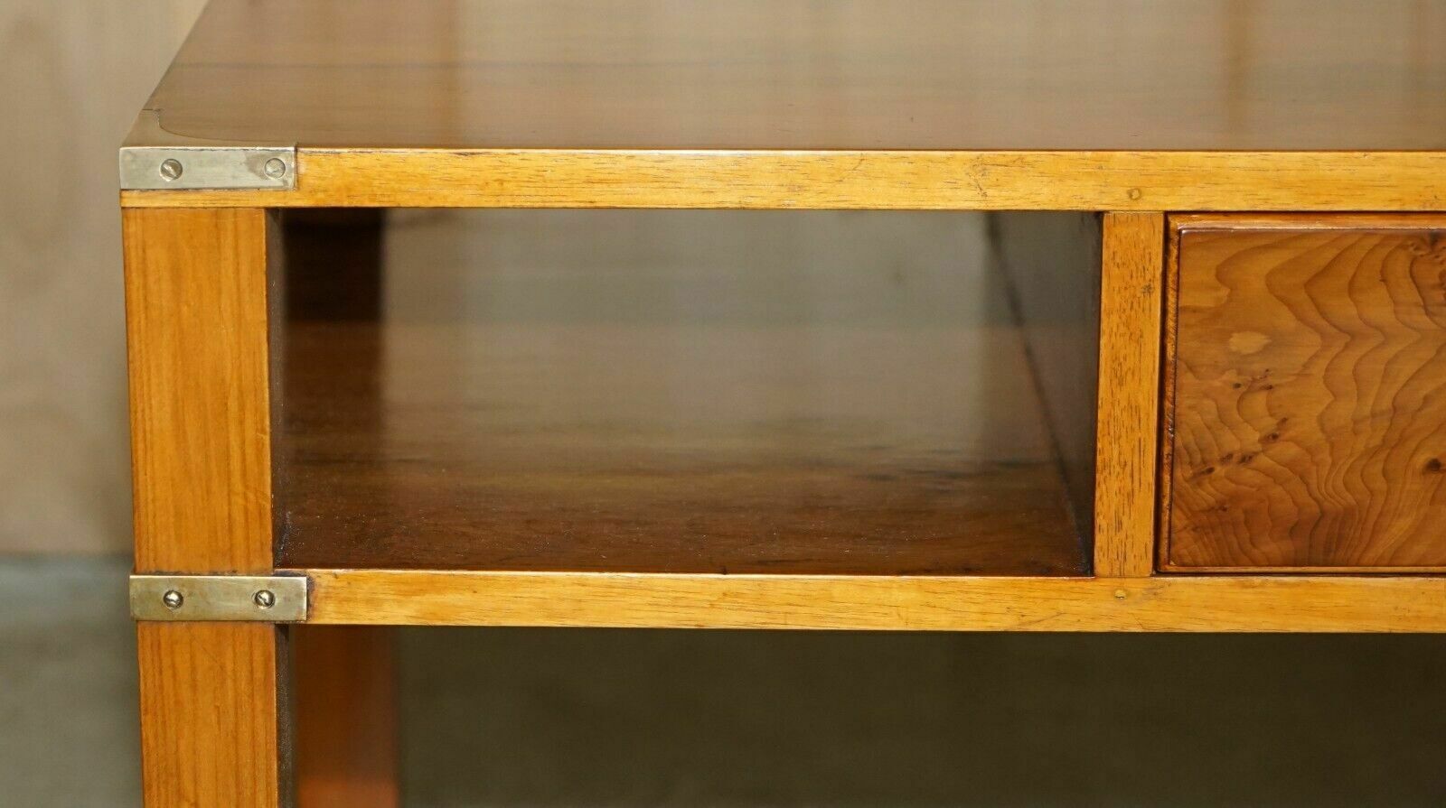 photo furniture Fully Restored French Polished Burr Yew Wood Military Campaign Coffee Table