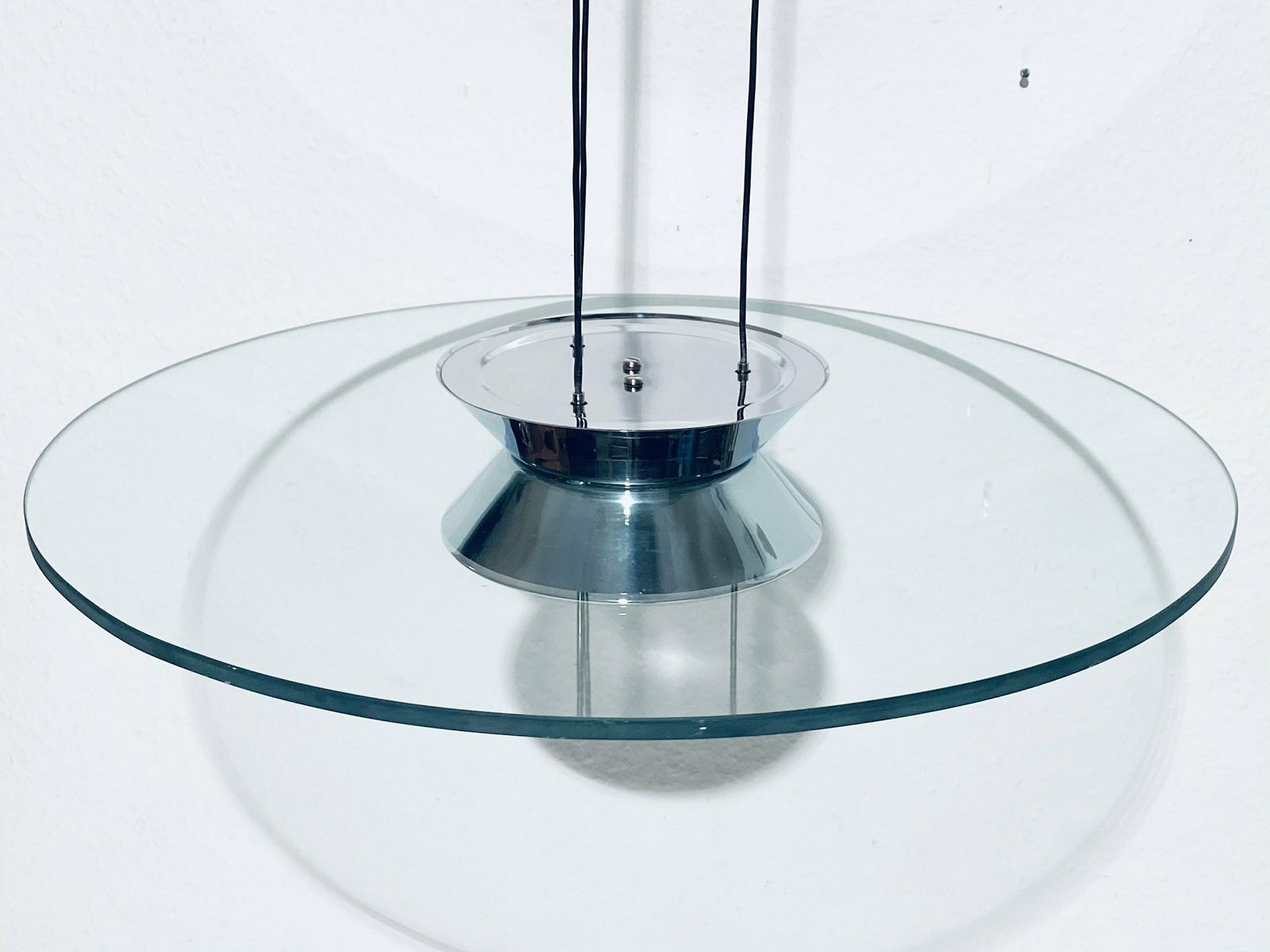Extravagant Glass & Chrome Ufo Hanging Lamp / Luxury 1980s Italian Vintage Interior Design photo 321.0