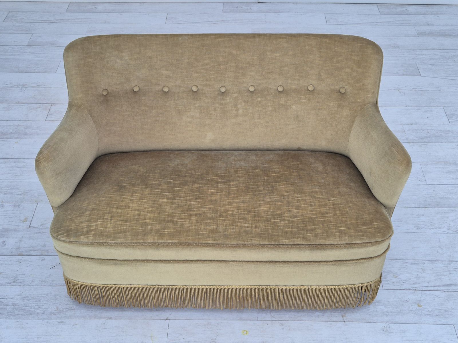 1970s, Danish 2 Seater Sofa, Original Condition, Green Furniture Velour, Beech Wood Legs. photo 1390.0