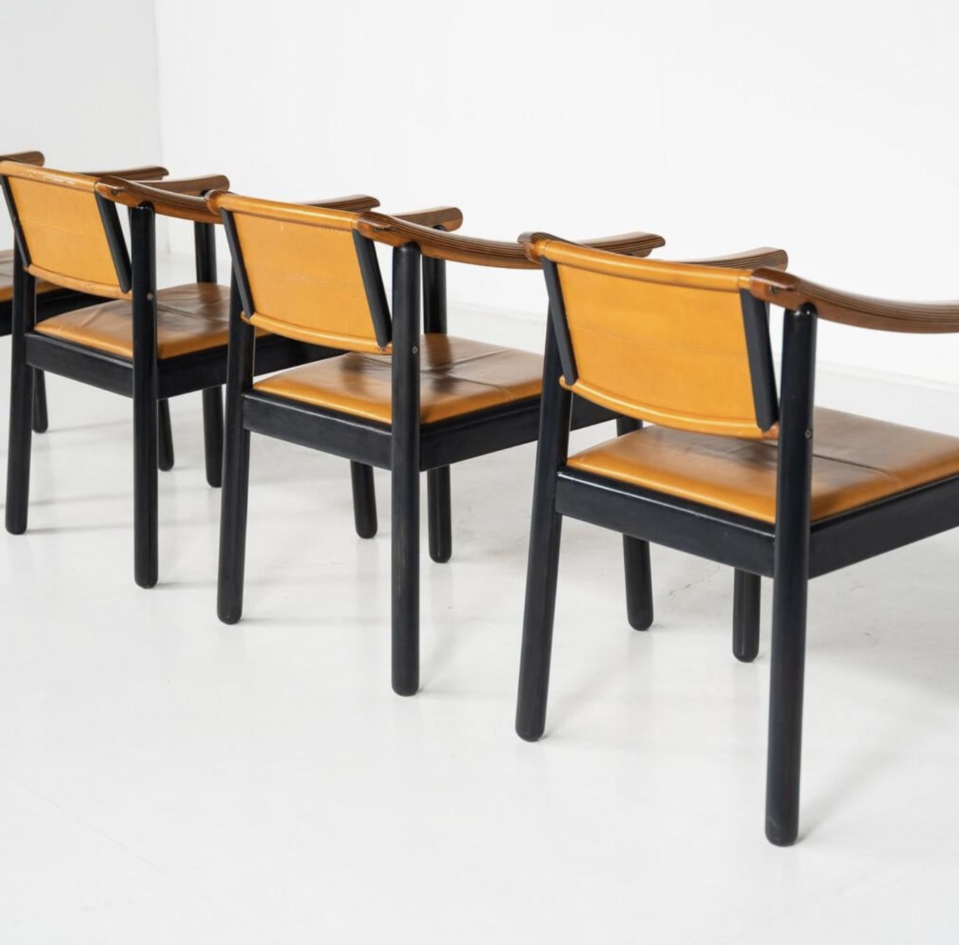 Mid Century Modern 4 Armchairs In The Style Of Scarpa, Wood And Leather, Italy photo buy