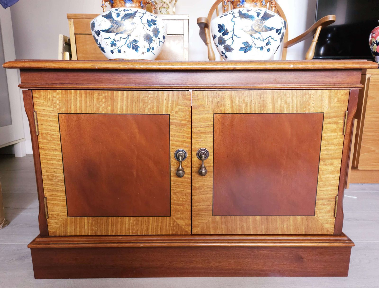 Two Tone, Mid Century Cabinet, Mahogany, Tiger Maple & Teak photo for sale