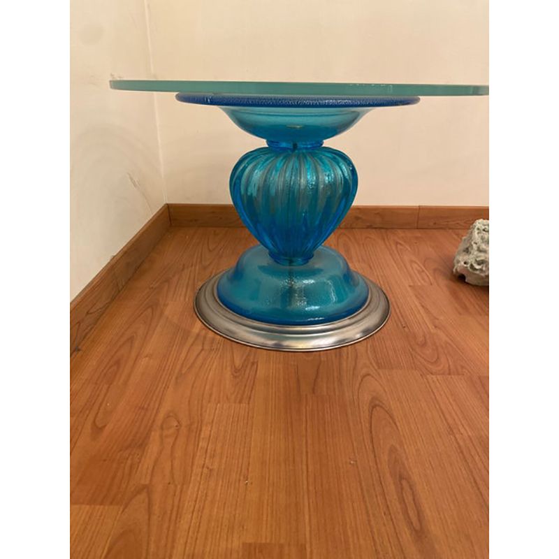 Furniture 1980s Italian Venetian Blue And Silver Murano Glass Style Coffee Table photo