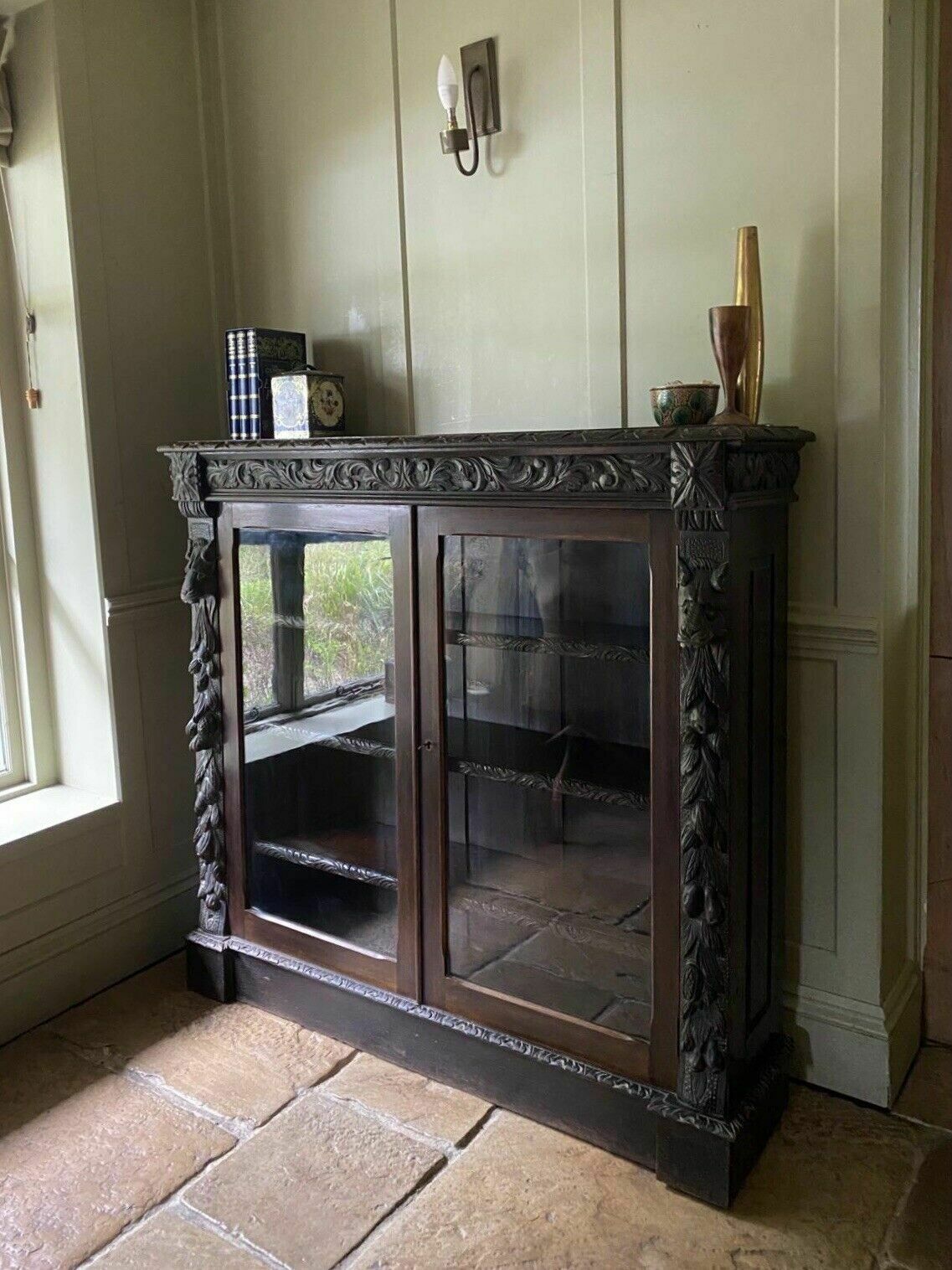 Antique Victorian Jacobean Style Oak Carved Glazed Bookcase Cabinet Cupboard photo furniture