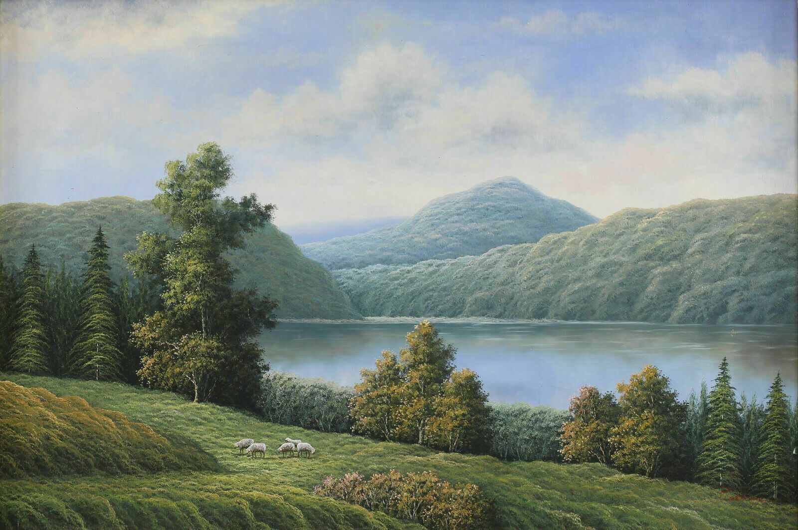 Oil On Canvas Of A Lake View With Sheep. photo furniture