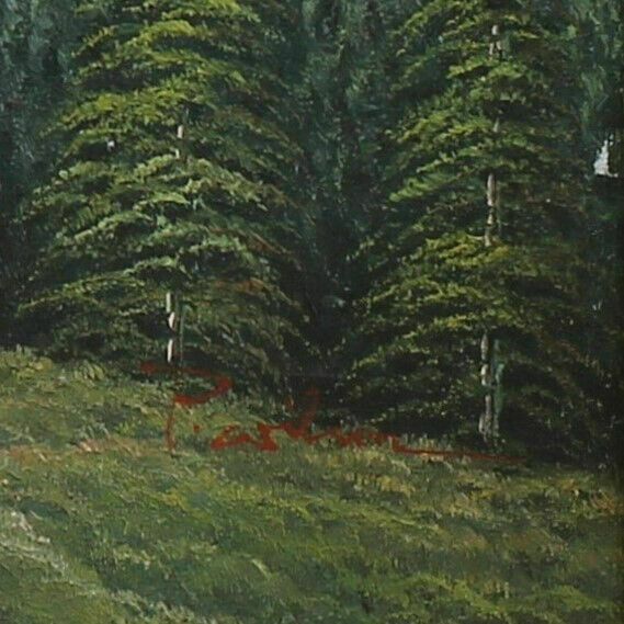 Oil On Canvas Of A Lake View With Sheep. photo for sale