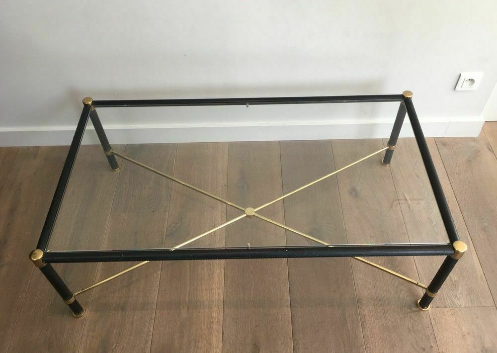 Brass Coffee Table Covered In Black Leather. In The Taste Of Jacques Adnet photo for sale