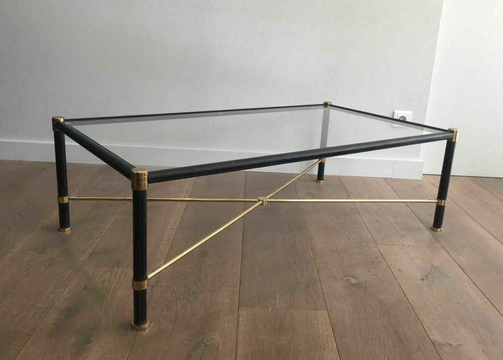 Brass Coffee Table Covered In Black Leather. In The Taste Of Jacques Adnet photo Furniture