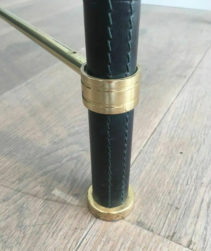 Brass Coffee Table Covered In Black Leather. In The Taste Of Jacques Adnet photo vintage