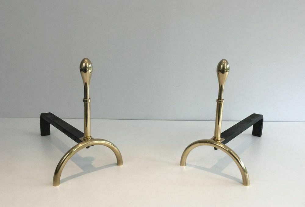 Pair Of Neoclassical Style Andirons In Brass And Wrought Iron photo furniture