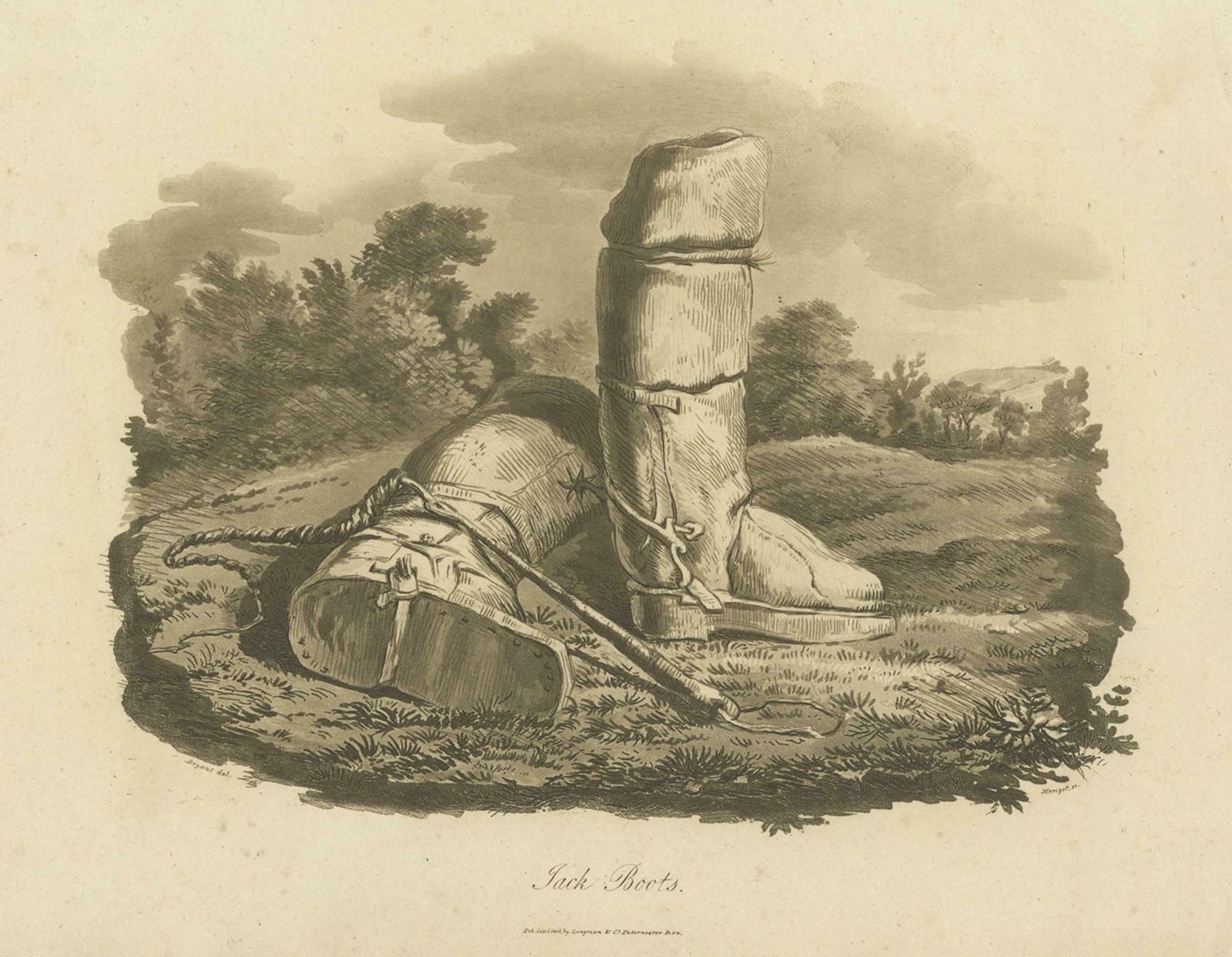 Antique Print Of Jackboots By Longman, 1805