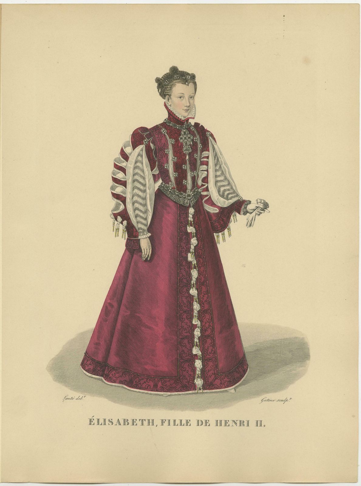 Hand Colored Engraving Of Elisabeth Of Valois, Daughter Of Henry II, 1900 photo Art