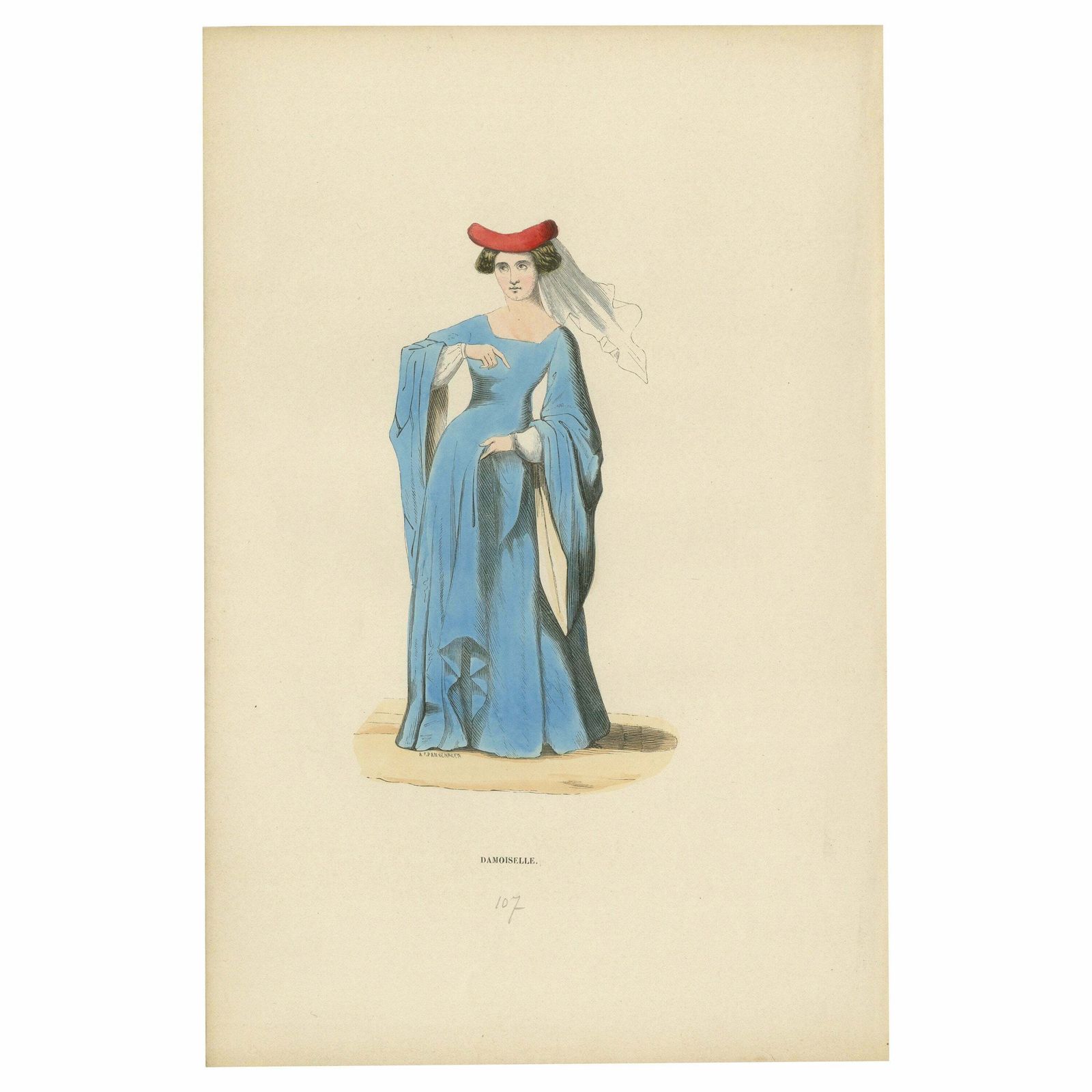 Noble Damsel Of The Middle Ages In Traditional Blue Gown And Headdress, 1847