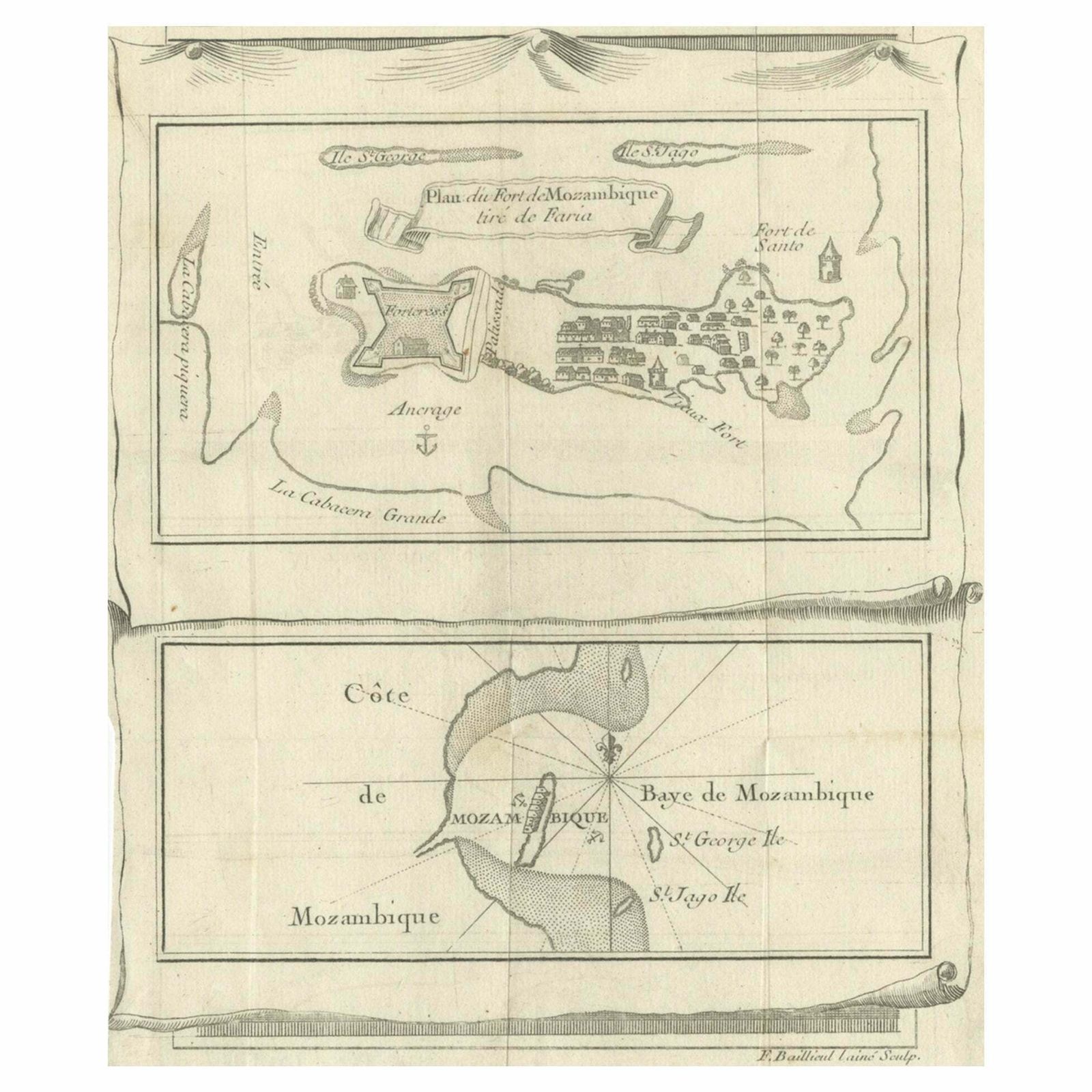 Antique Map Of Fort Mozambique And Mozambique Bay In Africa, C.1759