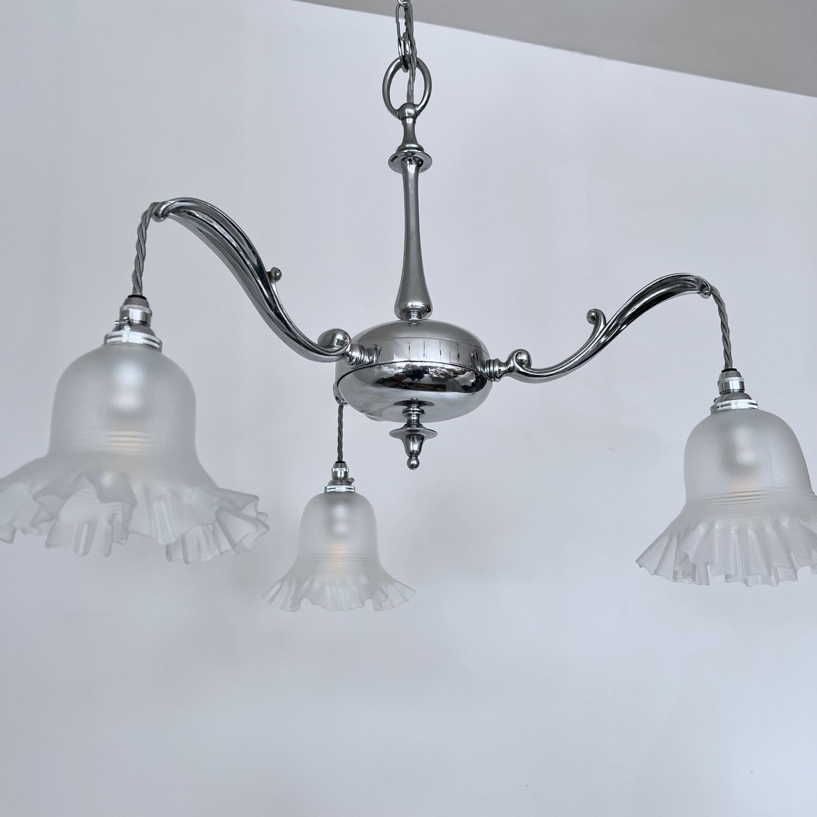 Art Deco Chromed Chandelier With Frosted Frill Shades photo buy