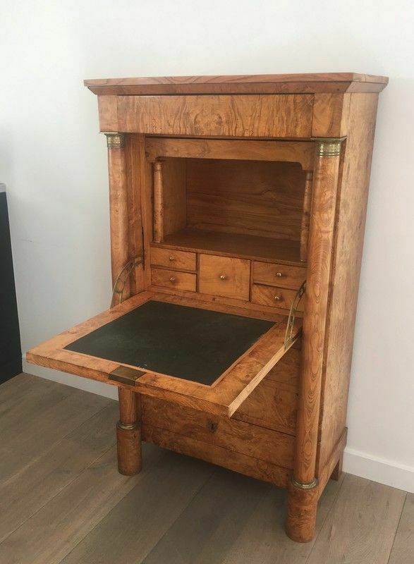 Empire Burl Walnut Secretary With Detached Columns, Door And Secret Drawer