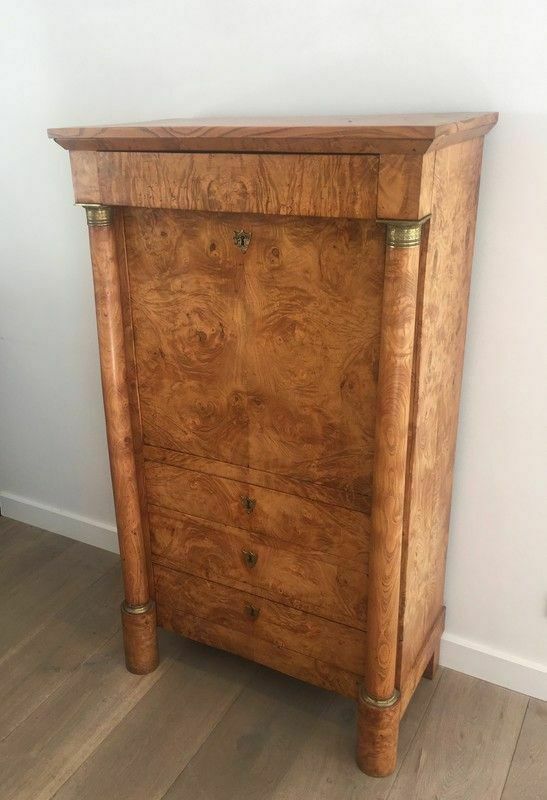 Empire Burl Walnut Secretary With Detached Columns, Door And Secret Drawer photo for sale